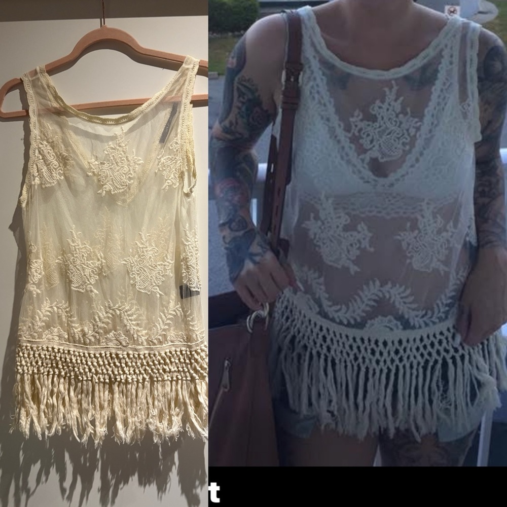 Ark & Co boho Cream Lace sheer Fringe Tank Top